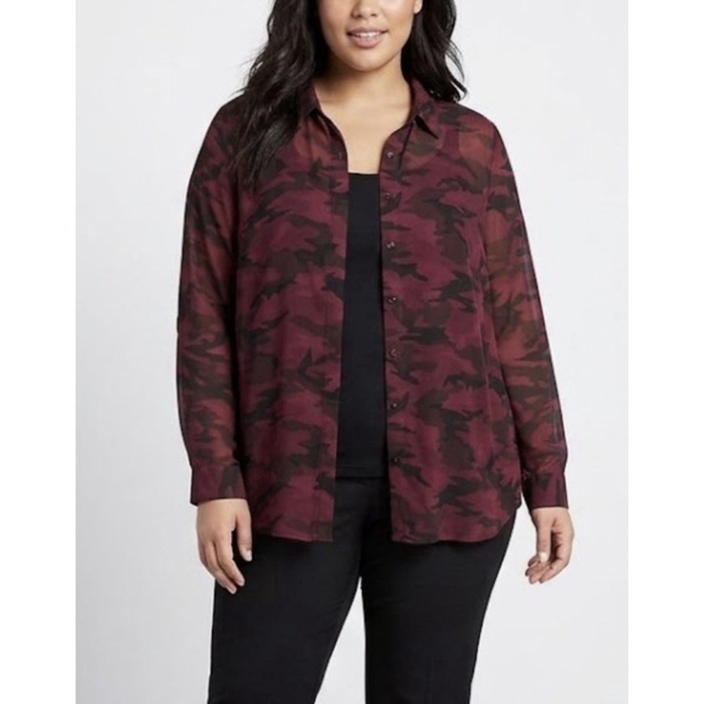 Lane Bryant Shirt Womens 22/24 Long Sleeve‎ Red Camo Shear Button Front